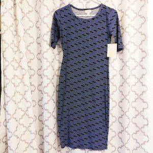 Lularoe Julia Fitted Knit Blue & Black Patterned Midi Dress - XXS (NWT)